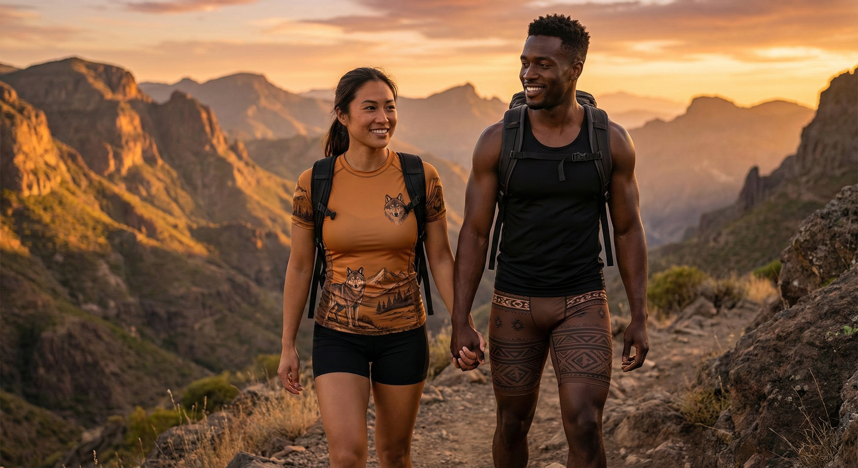 Couple hiking at mountain sunset