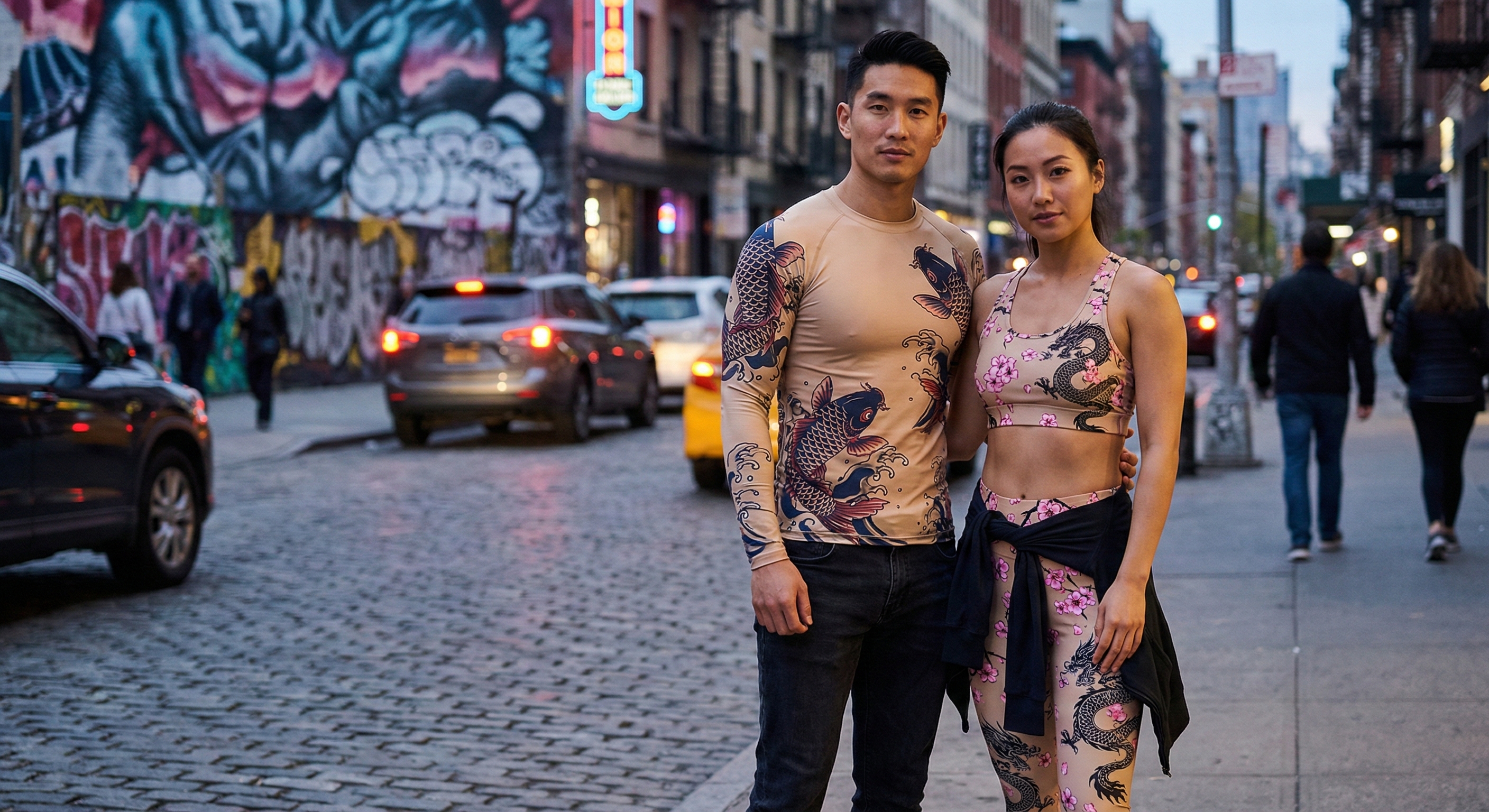 Couple wearing Japanese-inspired designs on urban street