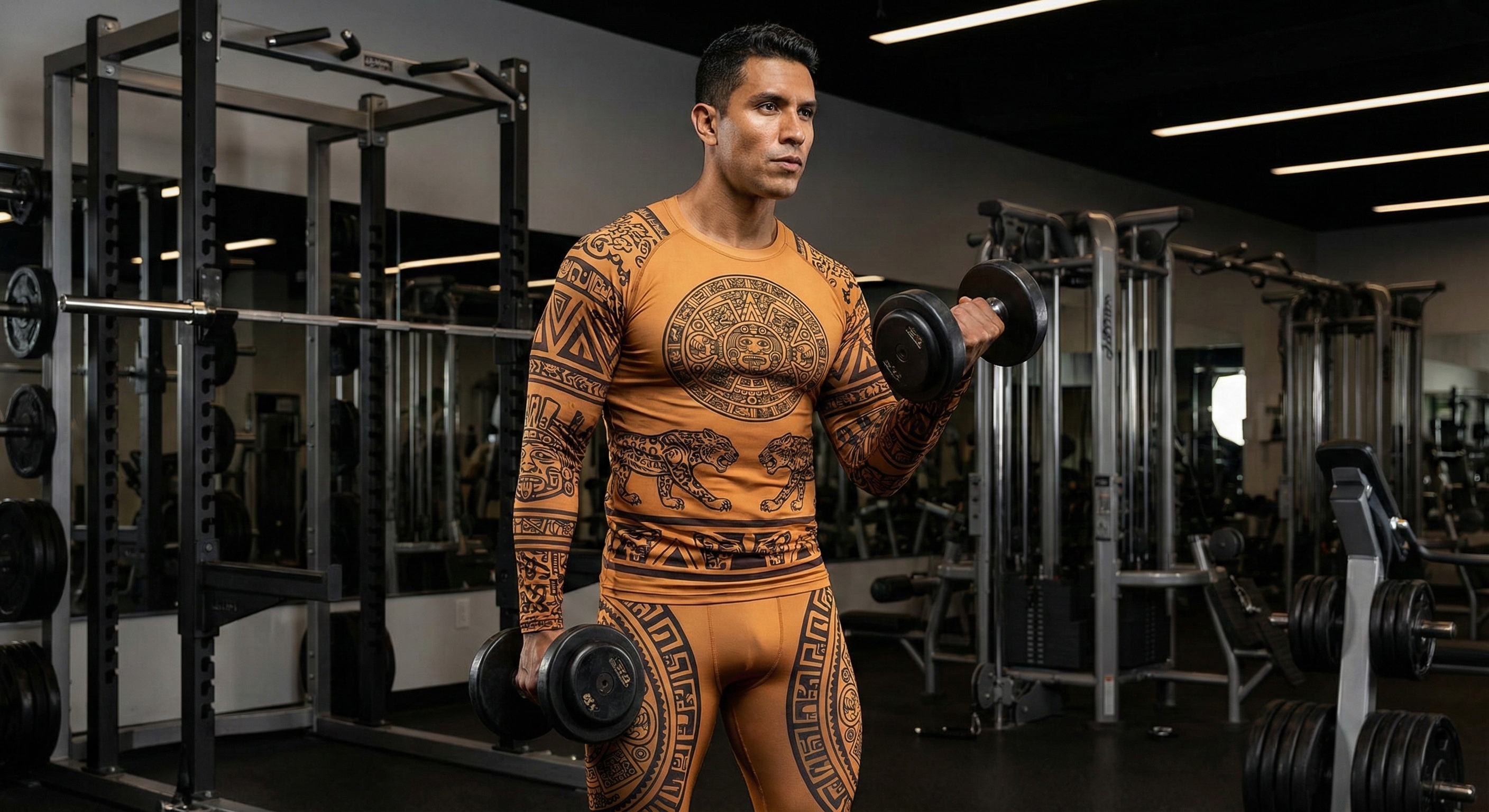 Man in Aztec compression wear at gym